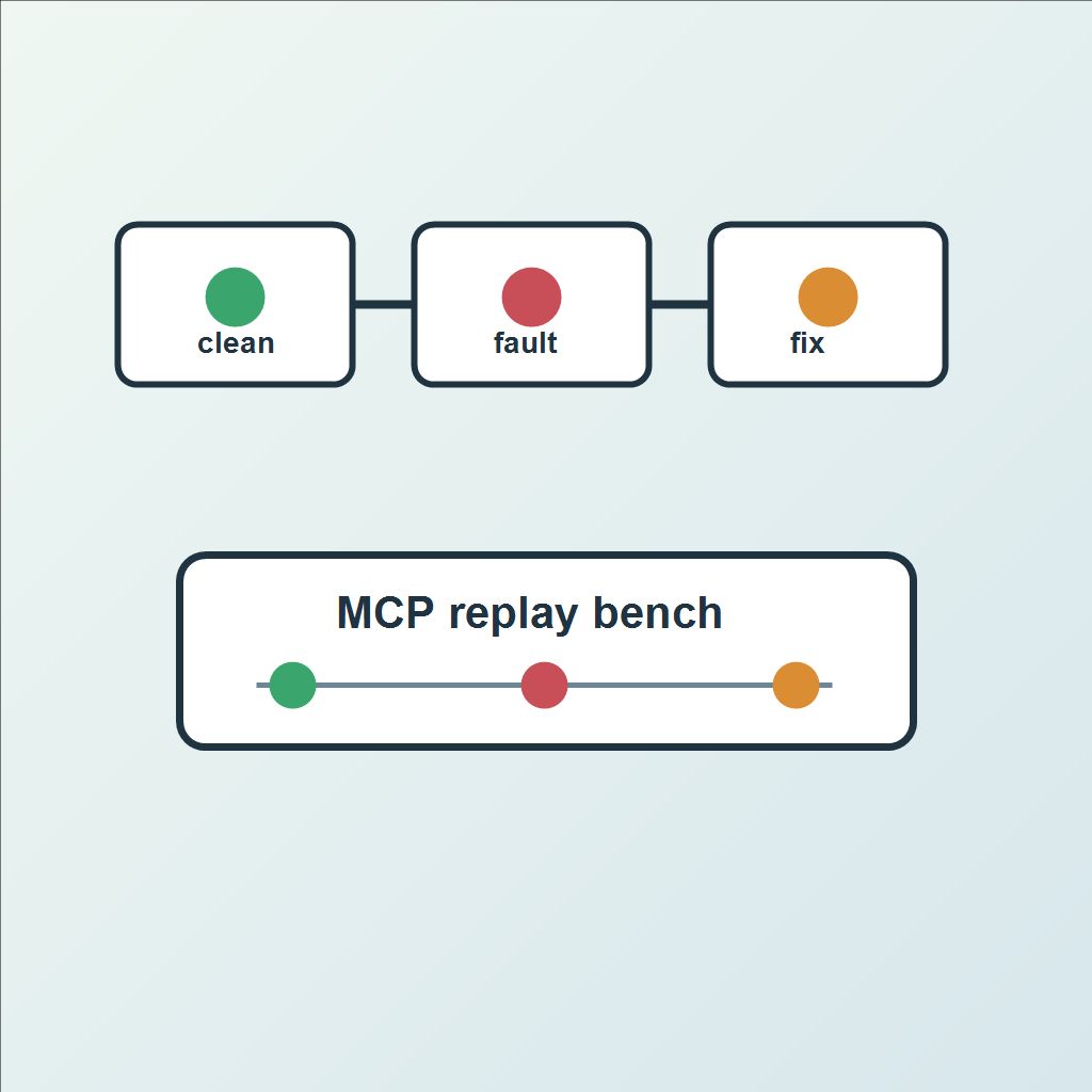 An MCP agent test bench replays clean, faulted, and mitigated tool responses