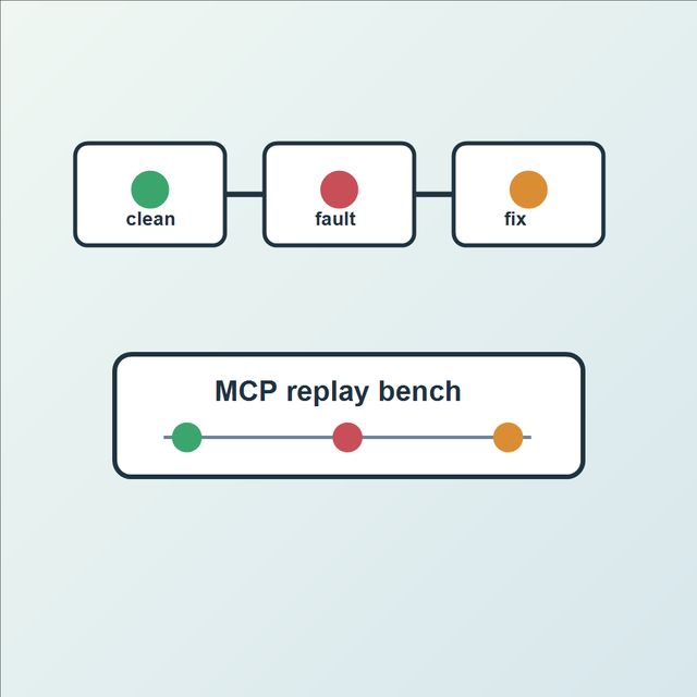 An MCP agent test bench replays clean, faulted, and mitigated tool responses