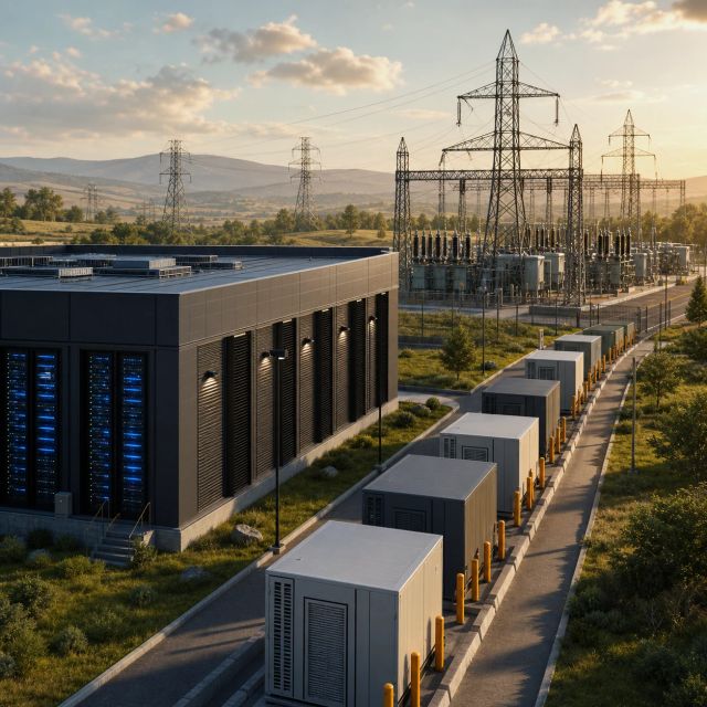 A data center waits beside a power-grid connection queue with substations in the distance