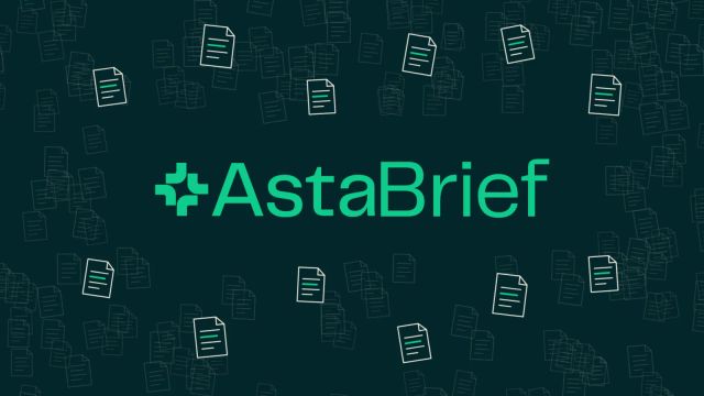AstaBrief name in green surrounded by outlined research documents on a dark green background