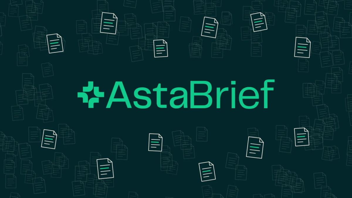 AstaBrief name in green surrounded by outlined research documents on a dark green background