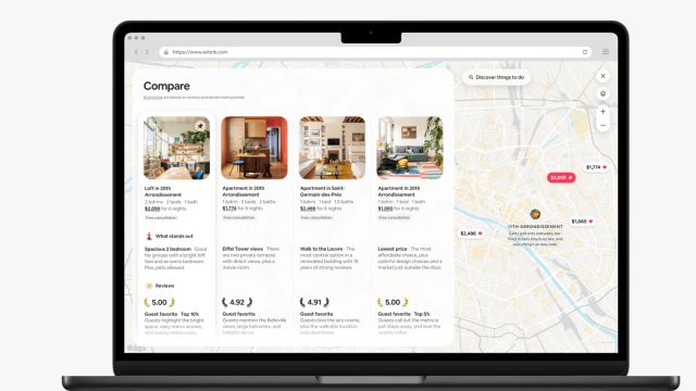 Laptop screen showing four Airbnb homes compared side by side with AI summaries beside a Paris map