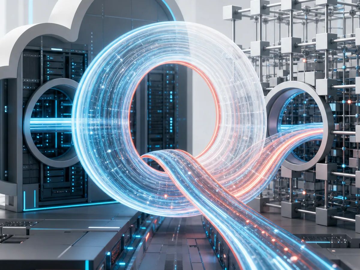 A luminous Q-shaped data path runs between cloud infrastructure and modular open model weights