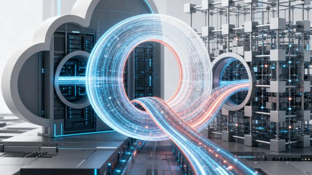 A luminous Q-shaped data path runs between cloud infrastructure and modular open model weights