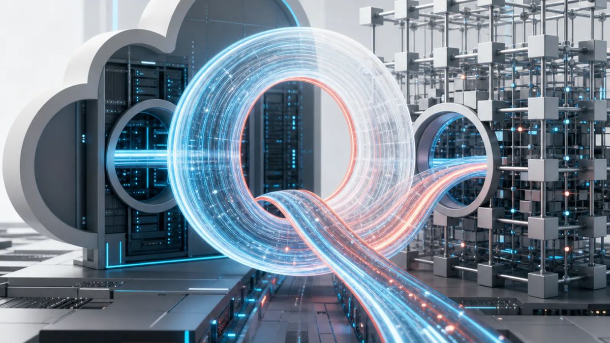 A luminous Q-shaped data path runs between cloud infrastructure and modular open model weights