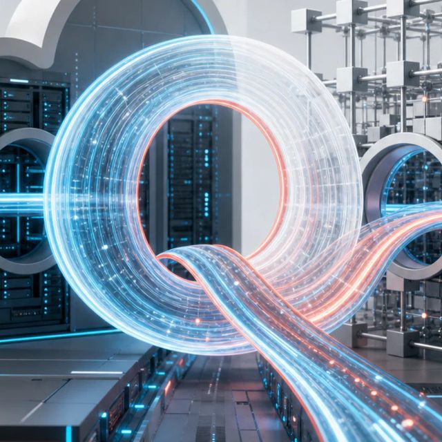 A luminous Q-shaped data path runs between cloud infrastructure and modular open model weights