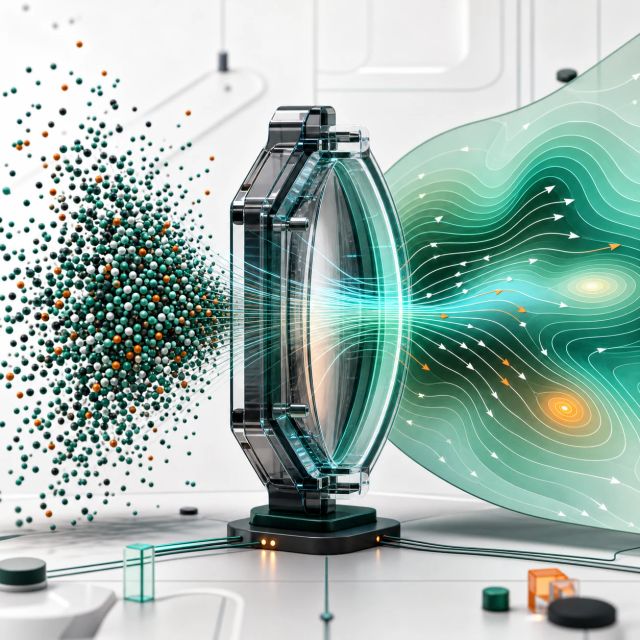 A transformer-shaped lens maps scattered data points into smooth density contours