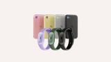 Three Bee Frontier wristbands in front of four credit-card-sized Bee Eclipse devices