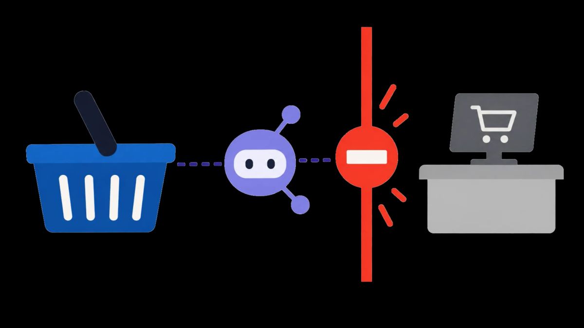 A closed boundary separates a shopping assistant symbol from a checkout terminal; illustration