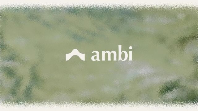 White Ambi name and logo on a textured green background
