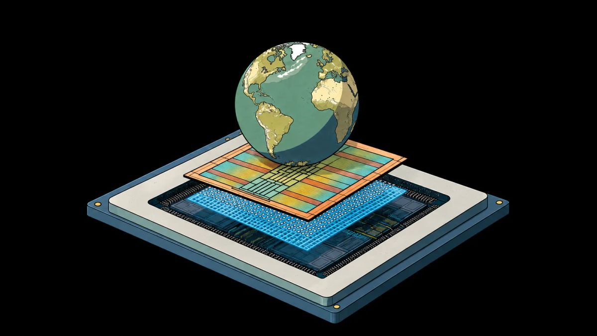 Illustrated globe above the layers of a computer chip