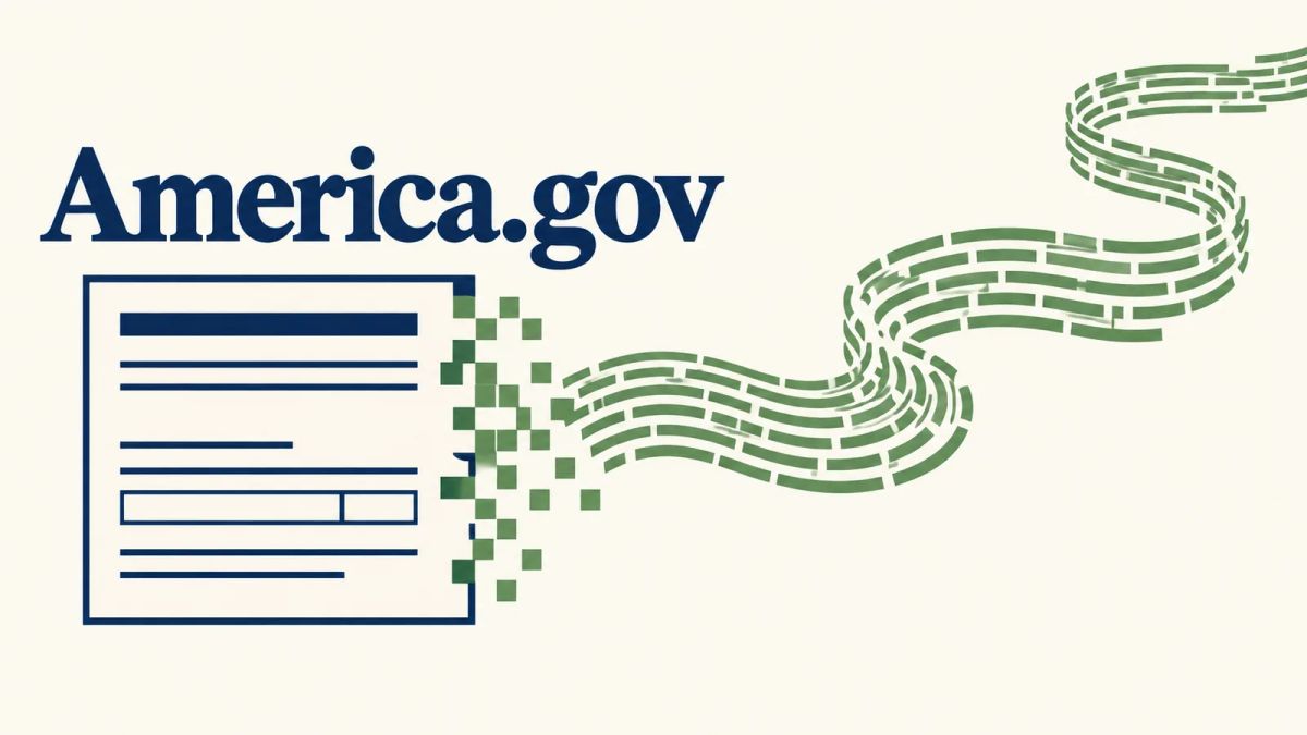 Illustration of an America.gov form turning into green pixel blocks and a ribbon of poem lines