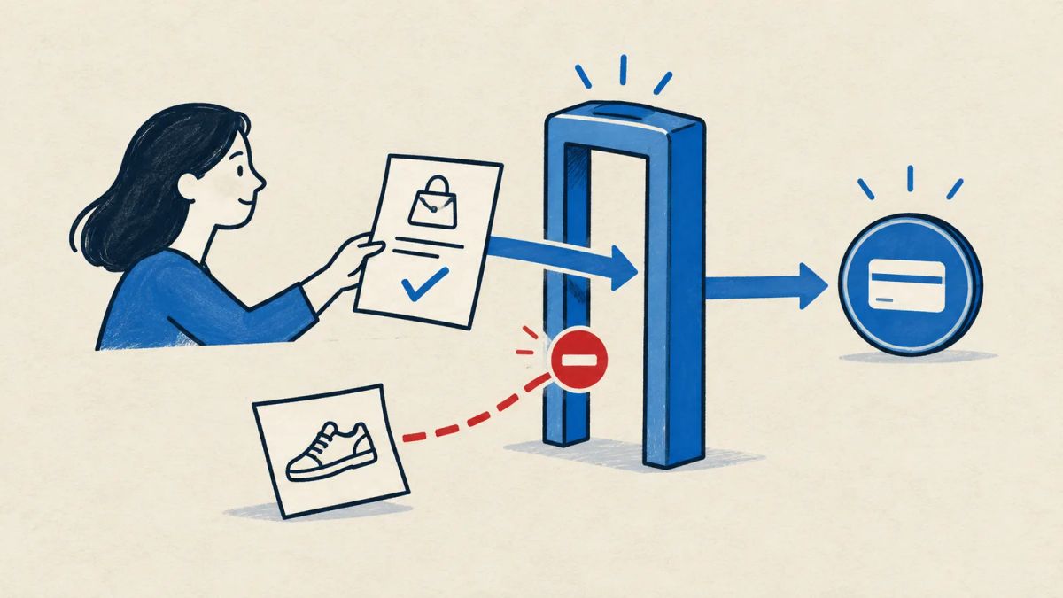 Illustration of approved shopping instructions passing through a blue checkpoint while a shoe purchase is stopped