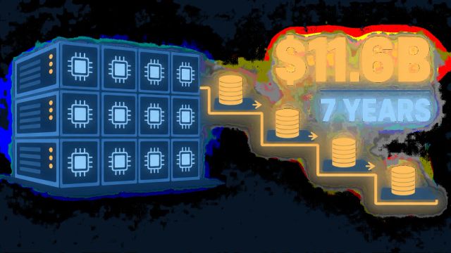 Illustration of CPU servers linked to staged payments beneath the figures $11.6 billion and seven years