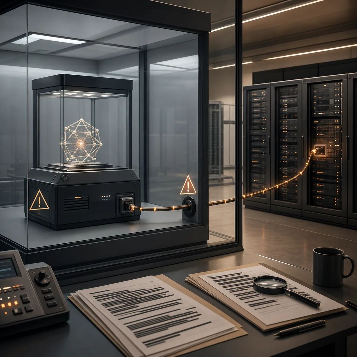 A security evaluation sandbox has an unintended network path leading to real server racks