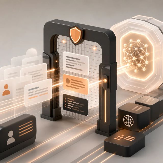 Prompt cards pass through a policy checkpoint before entering a model core