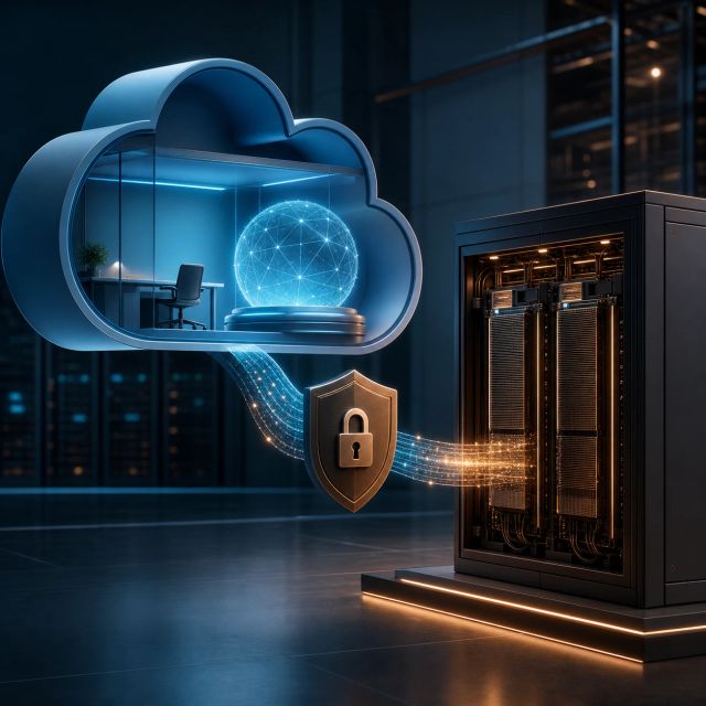 A governed cloud workspace connects an AI model core to a high-performance compute rack