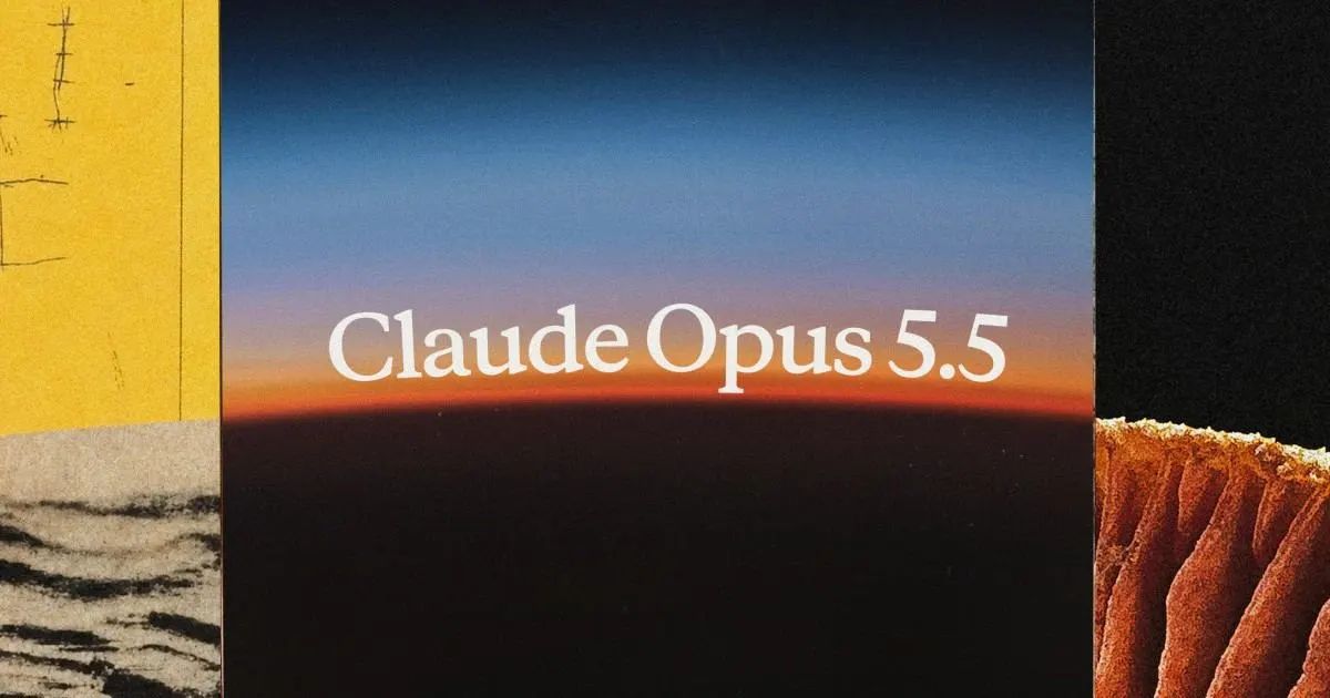 Anthropic's official title card for the Claude Opus 5.5 announcement, a sunset gradient over a horizon line