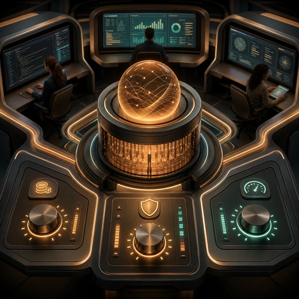 A Claude Opus 5 model control room routes coding, business, and research agent tasks through cost and safety controls