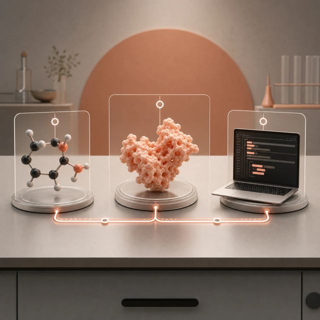 A lab workbench connects a molecule model, protein structure, and code notebook through a visible audit path