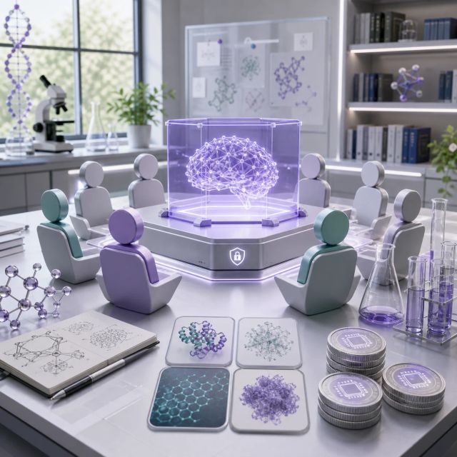 Researchers gather around a shared AI workbench with lab notes, simulation tiles, and compute-credit tokens