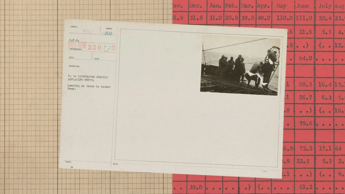 Collage of grid paper, a red numerical table and an archival photograph of a crew replacing a buoy
