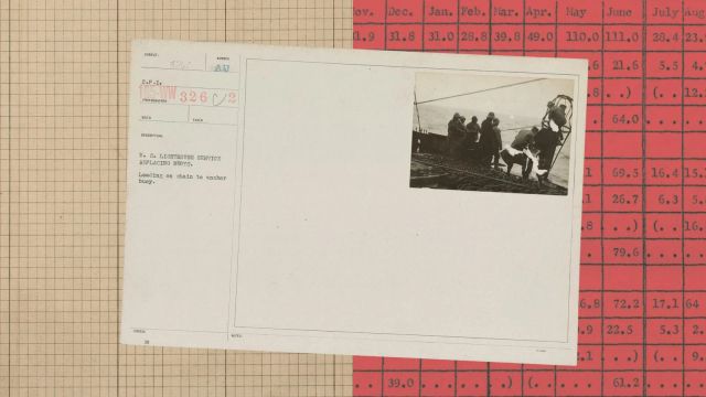 Collage of grid paper, a red numerical table and an archival photograph of a crew replacing a buoy
