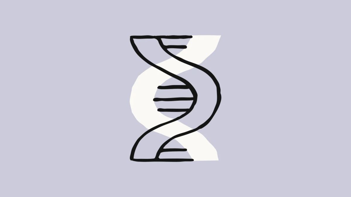 A black and white double-helix illustration on a pale purple background