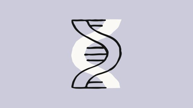 A black and white double-helix illustration on a pale purple background