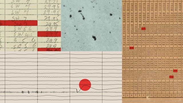 Collage of handwritten records, number tables and plotted traces with red marks on selected entries