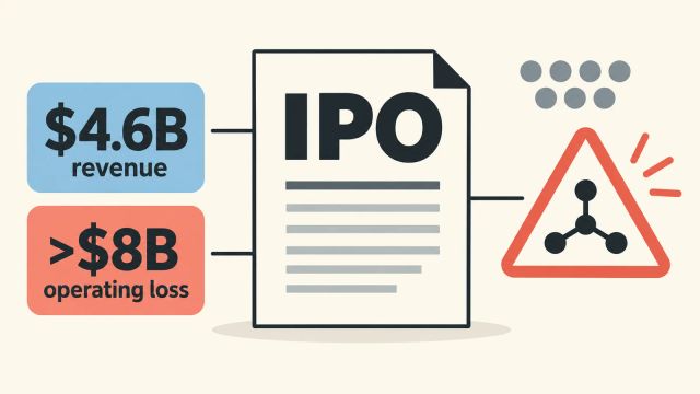 Illustration of an IPO document beside $4.6 billion revenue, more than $8 billion operating loss, and an AI risk symbol