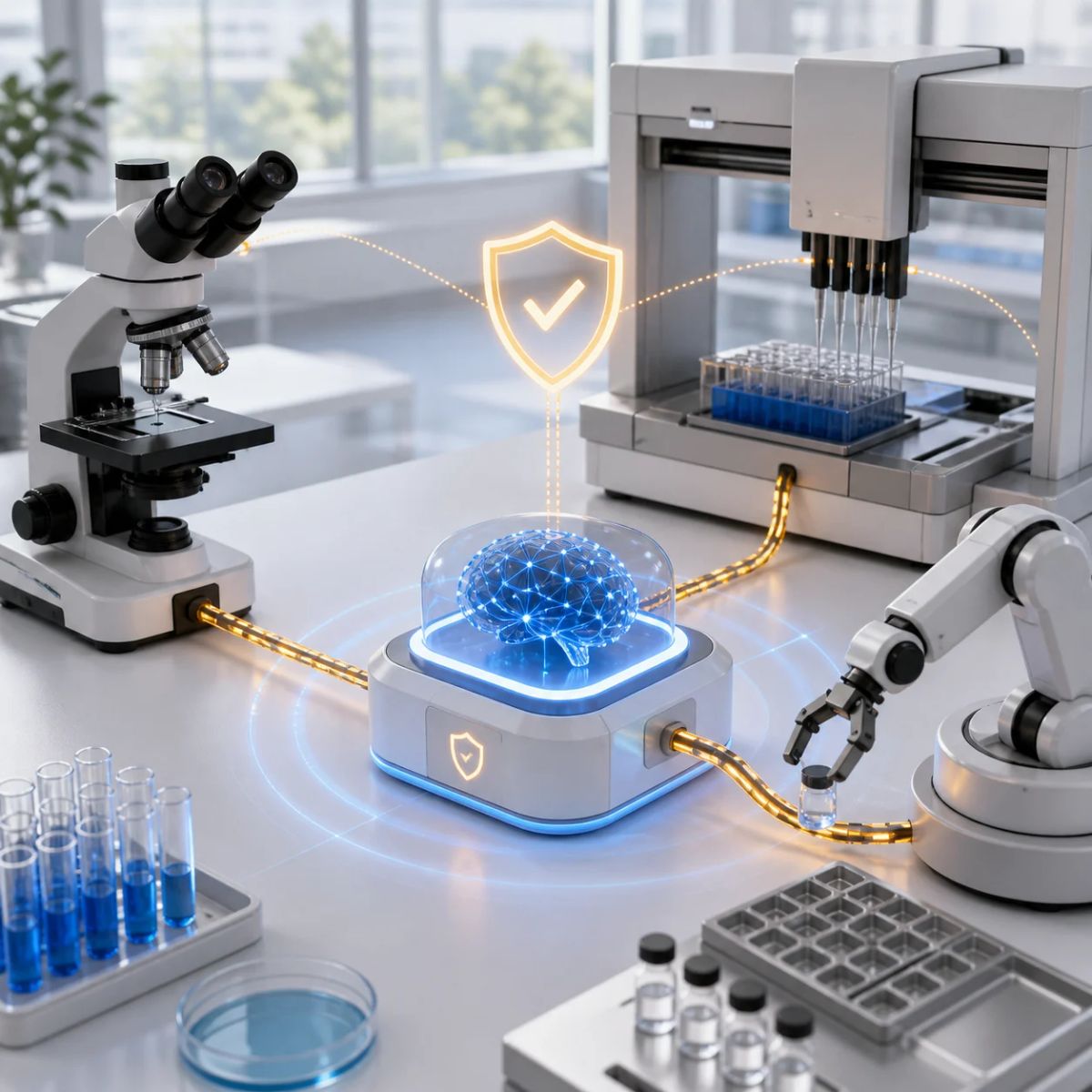 Lab instruments connect through a central safety-controlled AI hardware hub