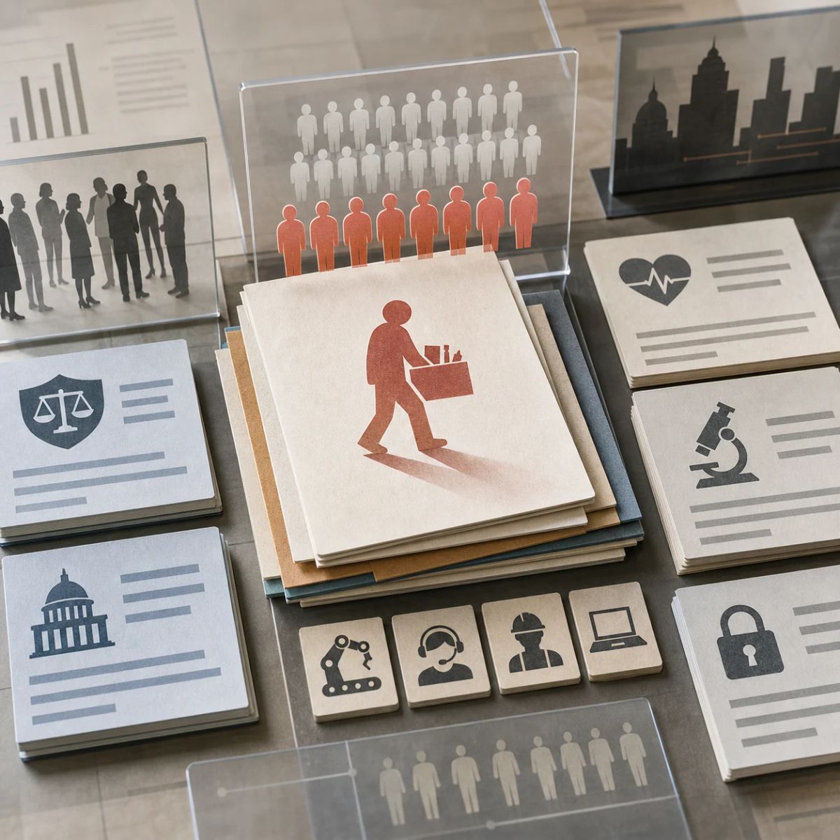 A stack of civic survey cards and translucent data tiles showing employment, policy, and public trust signals