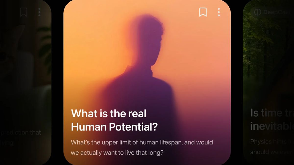 Huxe personal podcast preview with an orange and purple topic card about human potential