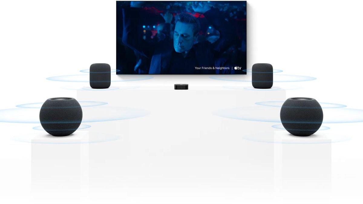 Apple TV 4K below a television, with two full-sized HomePods beside the screen and two HomePod Mini 2 speakers in front
