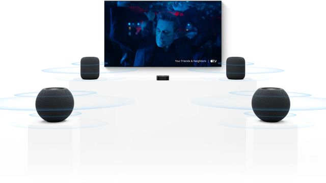 Apple TV 4K below a television, with two full-sized HomePods beside the screen and two HomePod Mini 2 speakers in front