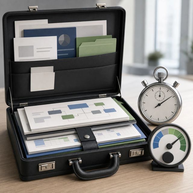 A business briefcase opens into documents, messages, and evaluation scorecards