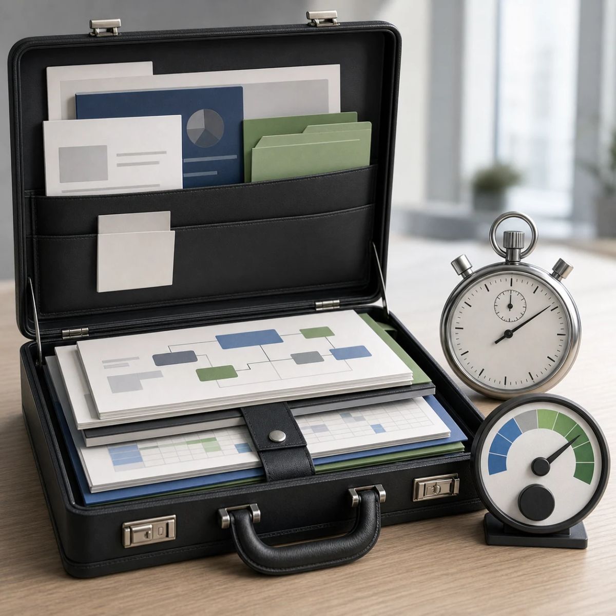 A business briefcase opens into documents, messages, and evaluation scorecards