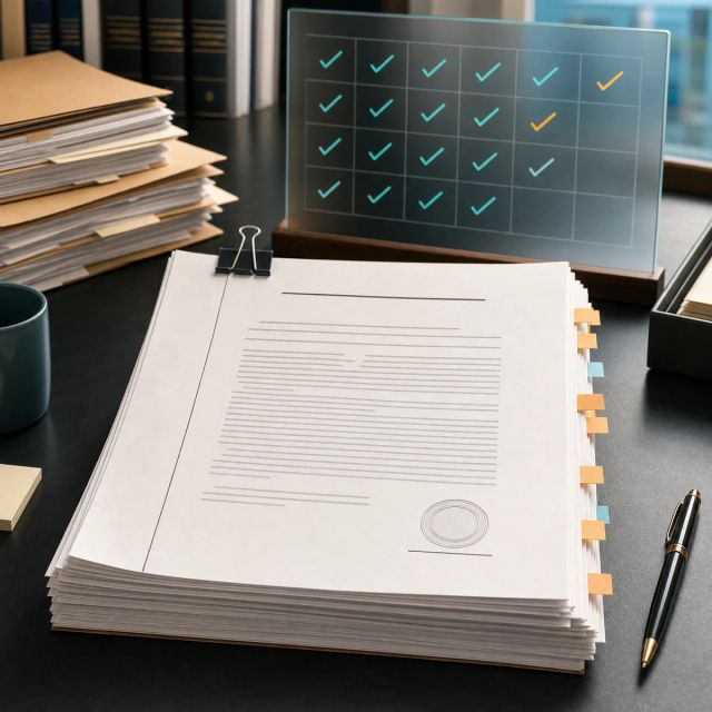 An unfinished legal brief sits beside a rubric grid with many partial checks but only one small completed seal