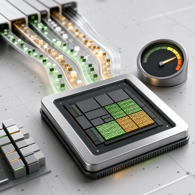 A metallic chip tile connects to flowing local model tokens and a small speed gauge