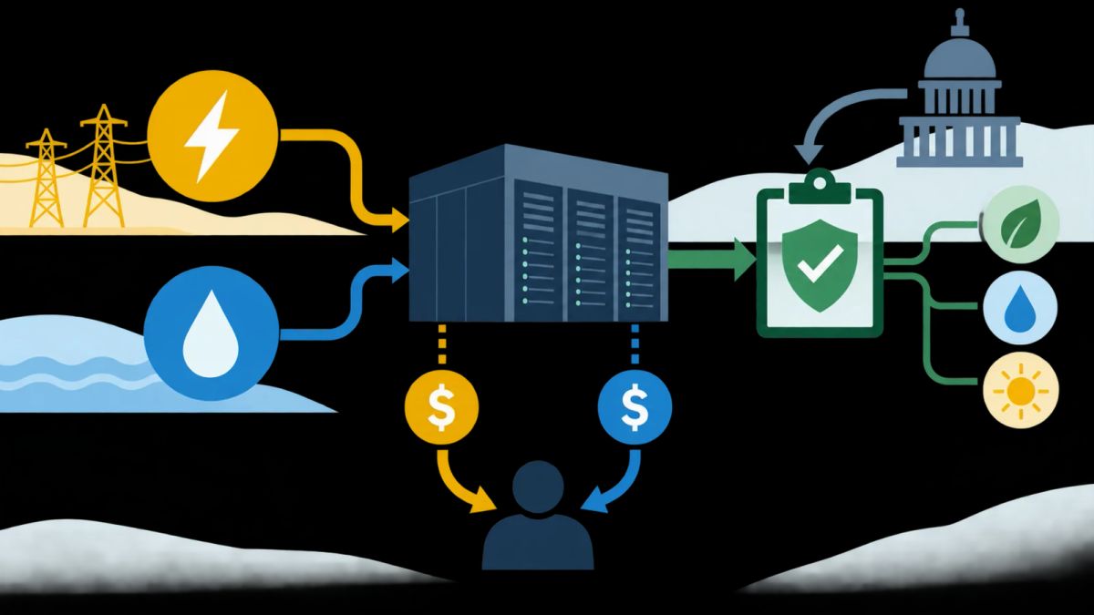 Electricity and water connect to a data center, with cost arrows and a permit gate; illustration