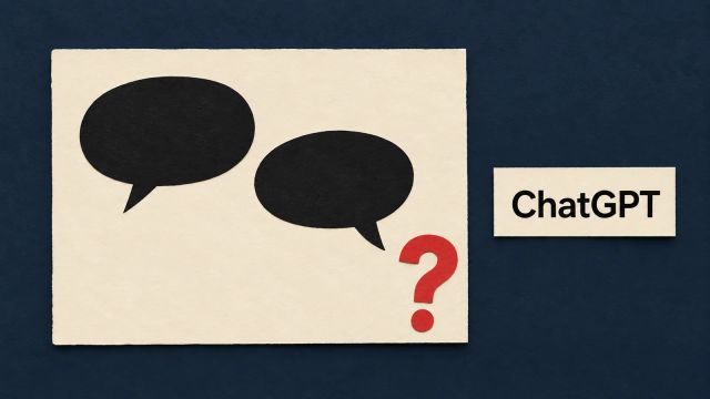 Illustration of a cartoon card with abstract speech bubbles and a red question mark in the signature position, beside a ChatGPT label