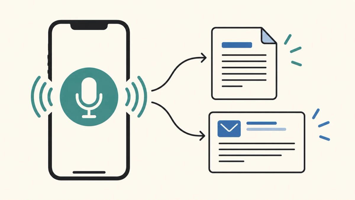 Illustration of a phone microphone sending instructions to a document and a task card