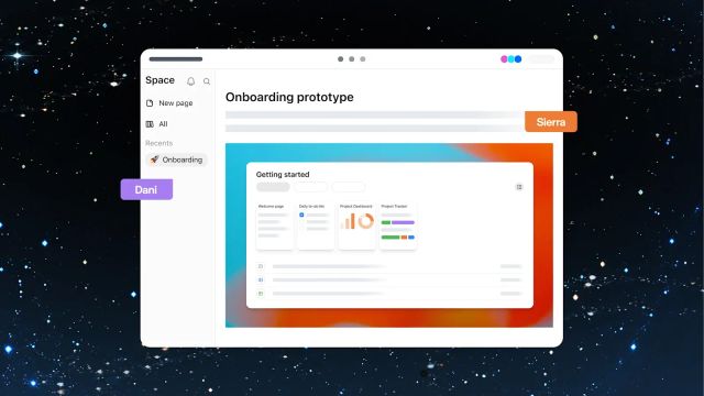 ChatGPT Space product graphic showing an onboarding prototype page with teammate cursors and a sidebar