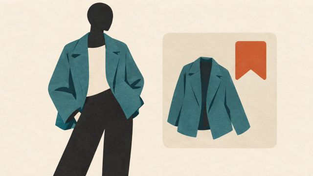 Paper-cut illustration of a figure wearing a teal jacket beside a clothing card with a bookmark symbol