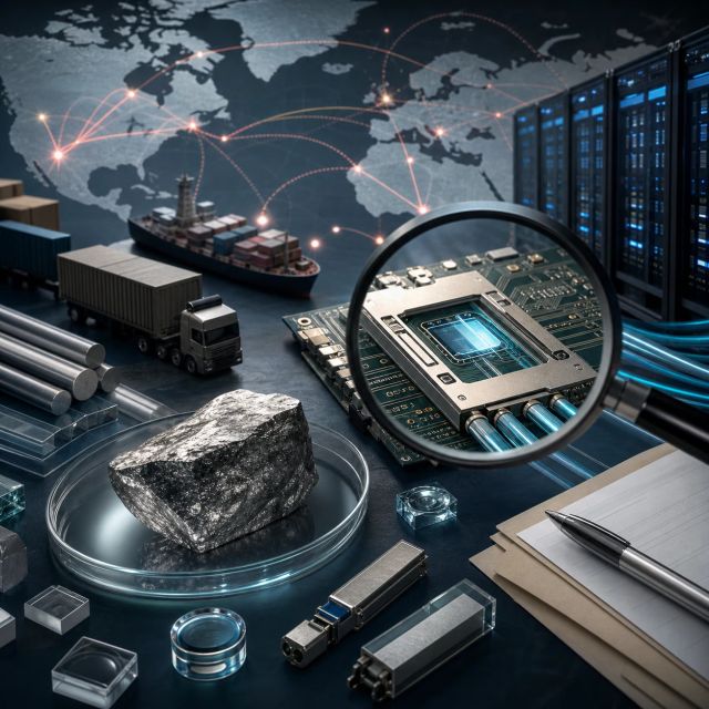 Optical data-center components sit beside a refined metal sample, shipping documents, and a global supply-chain route map