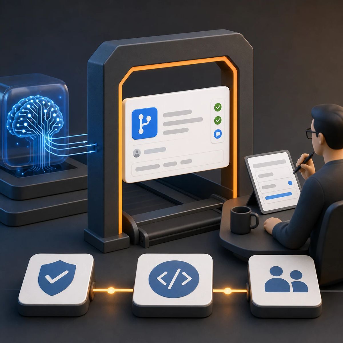 An AI-generated pull request passes through a software review gate with quality checkpoints