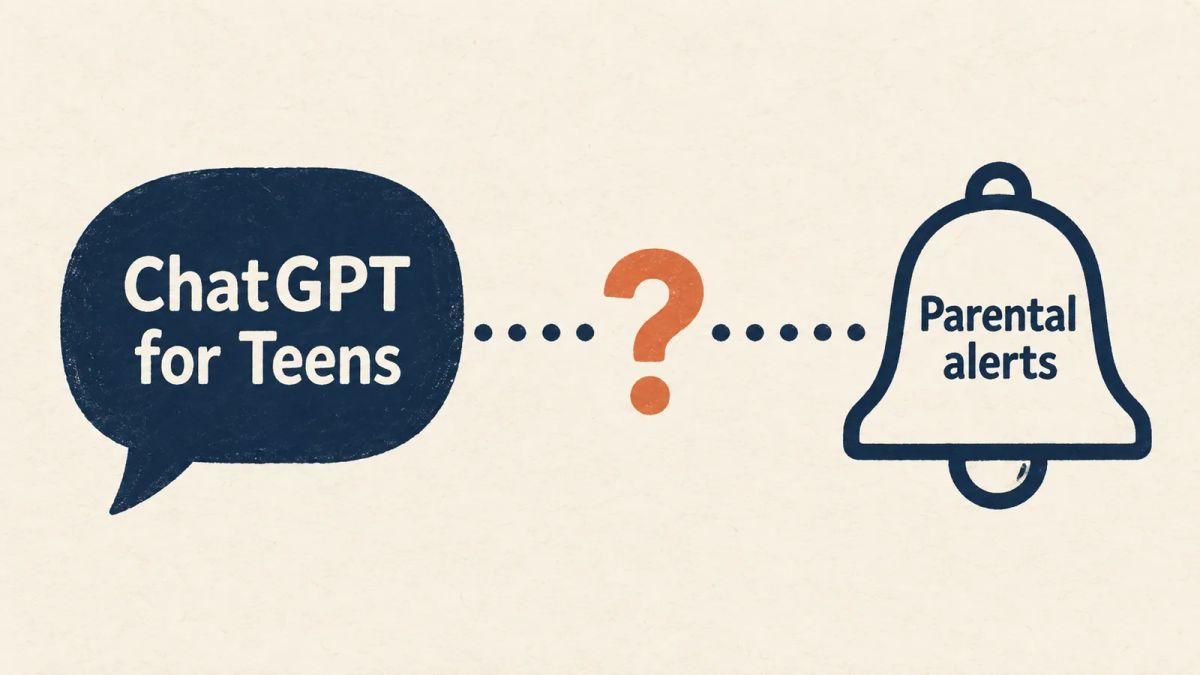 Illustration of a ChatGPT for Teens speech bubble and a parental alerts bell separated by an interrupted dotted line and a question mark