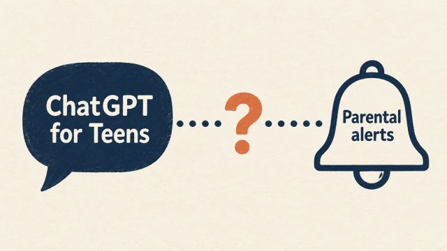 Illustration of a ChatGPT for Teens speech bubble and a parental alerts bell separated by an interrupted dotted line and a question mark