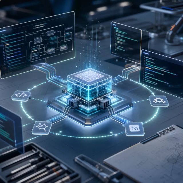 A compact inference chip connects terminal panels and tool-call paths for a coding agent API